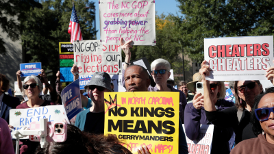 People protest gerrymandering in Raleigh, North Carolina, October 21, 2025.