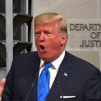 Trump in front of DOJ building “Trump Dept of Justice”
