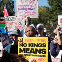 People protest gerrymandering in Raleigh, North Carolina, October 21, 2025.